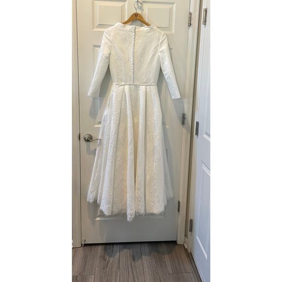 Wedding Dress1950s style Neck  Detachable Train Satin French Lace Sz10 #32 New - Picture 9 of 14